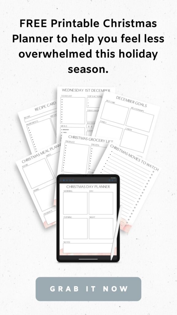 Image shows mock up of printable Christmas planning pages and a mockup of an ipad displaying a planning page.